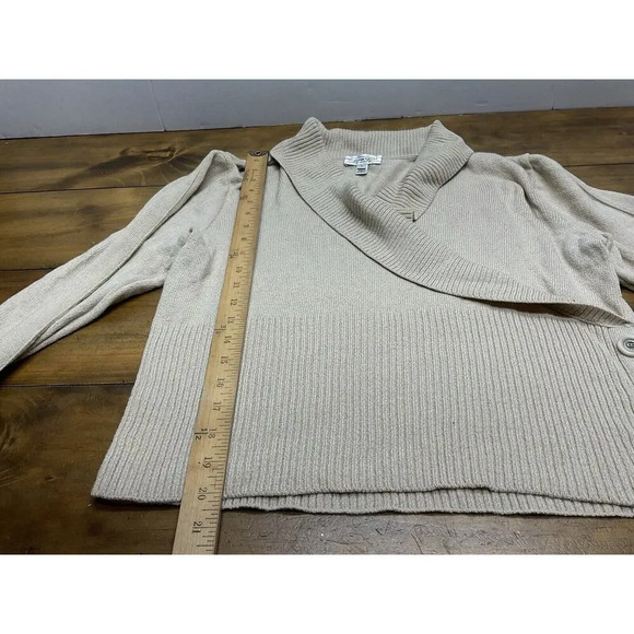 St John Sport Knit Sweater Womens Large V-Neck Beige Wool Blend Shawl Collar - Picture 7 of 11